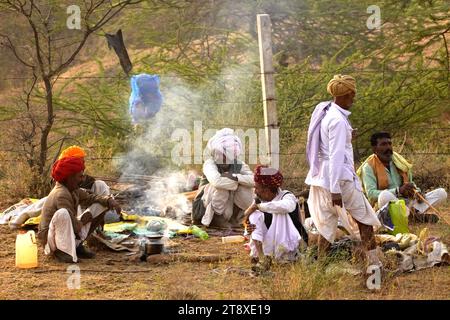 Pushkar, Inde. 19 novembre 2023. Un chameau fume un cigare en attendant des clients à la foire de Pushkar dans l'état indien désertique du Rajasthan le 19 novembre 2023. De nombreux touristes internationaux et nationaux affluent à Pushkar pour assister à l'une des foires les plus colorées et populaires en Inde. Des milliers d'animaux, principalement des chameaux, sont amenés à la foire pour être vendus et échangés. Photo de ABACAPRESS.COM crédit : Abaca Press/Alamy Live News Banque D'Images