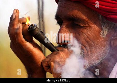 Pushkar, Inde. 19 novembre 2023. Un chameau fume un cigare en attendant des clients à la foire de Pushkar dans l'état indien désertique du Rajasthan le 19 novembre 2023. De nombreux touristes internationaux et nationaux affluent à Pushkar pour assister à l'une des foires les plus colorées et populaires en Inde. Des milliers d'animaux, principalement des chameaux, sont amenés à la foire pour être vendus et échangés. Photo de ABACAPRESS.COM crédit : Abaca Press/Alamy Live News Banque D'Images