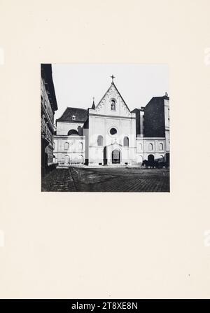 1e, Neuer Markt - Église des Capucins et monastère des Capucins (reproduction), Michael Frankenstein & Comp. (1843-1918), studio photo, date avant 1900, support carton, papier gélatine-argent, taille de l'image 8, 5×8, 5 cm, carton support 20, 2×15 cm, 1e arrondissement : Innere Stadt, église (extérieur), abbaye, monastère, couvent  église catholique romaine, à quatre roues, véhicule tiré par des animaux, p.ex. : cabine, calèche, coach, Kapuzinerkirche, Neuer Markt, The Vienna Collection Banque D'Images