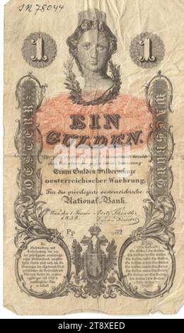 Instruction, 1 florin, Peter Johann Nepomuk Geiger (1805-1880), artiste, Privilegierte Österreichische National-Bank, Mint Authority, 01.01.1858, papier, impression, largeur 72 mm, hauteur 125 mm, finance, armoiries (comme symbole de l'état, etc.), femme, tête (humaine), billet de banque, l'argent, la collection Vienne Banque D'Images