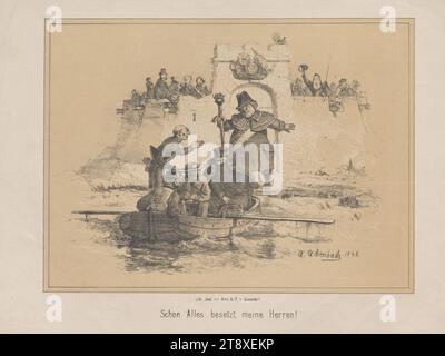 Schon Alles besetzt, messieurs!" (Caricature sur le vol du roi français Louis-Philippe I., de 'Düsseldorfer Monatshefte'), Andreas Achenbach (1815-1910), lithographe, Albert Arnz (1832-1914), éditeur, 1848, papier, lithographie à la craie, hauteur 25 cm, largeur 32, 3 cm, caricature, satire, révolutions de 1848, 1849, roi ; empereur, bateau propulsé par l'homme ou l'animal, souverain, la collection de Vienne Banque D'Images