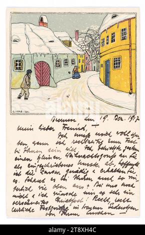 Carte postale de Wiener Werkstätte n° 909 : maisons dans la neige, Carl Krenek (1880-1948), artiste, Wiener Werkstätte, maison d'édition, 1912, carton, impression, hauteur×largeur 14×9 cm, atelier de Vienne, beaux-arts, Vienne vers 1900, hiver, neige, la collection Vienne Banque D'Images