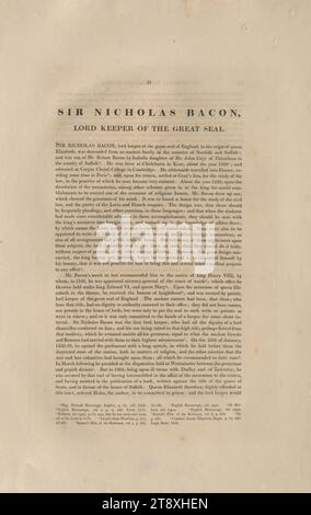 Sir Nicholas Bacon, Lord Keeper of the Great Seal', Thomas Birch (1705-1766), auteur, 1813, papier, tirage, hauteur 50,2 cm, largeur 32,8 cm, noblesse, domaine de Constantin von Wurzbach, Biographie (texte), la collection de Vienne Banque D'Images