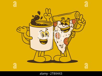 Illustration de personnage de mascotte d'une tasse à café et d'une pizza en tranches Illustration de Vecteur