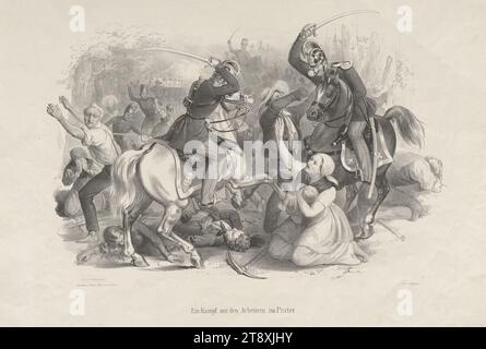 Un combat avec les ouvriers au Prater (le 23 août 1848), Eduard Weixelgärtner (Weixlgärtner) (1816-1873), lithographe, Johann Höfelich (1796-1849), imprimeur, 1848, papier, lithographie à la craie, hauteur 29,8 cm, largeur 44,6 cm, ouvriers, militaire, Prater, révolutions de 1848, 1849, 2e arrondissement. Quartier : Leopoldstadt, équitation à cheval, âne ou mule ; cavalier, cheval, femme à cheval, le soldat ; la vie du soldat, figure agenouillée, femme, mère et bébé ou enfant en bas âge, la collection Vienne Banque D'Images