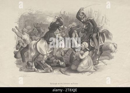 Un combat avec les ouvriers au Prater (le 23 août 1848), Eduard Weixelgärtner (Weixlgärtner) (1816-1873), lithographe, Johann Höfelich (1796-1849), imprimeur, 1848, papier, lithographie à la craie, hauteur 29,4 cm, largeur 44,5 cm, ouvriers, militaire, Prater, révolutions de 1848, 1849, 2e arrondissement. Quartier : Leopoldstadt, le soldat ; la vie du soldat, à cheval, âne ou mulet; cheval, femme de cheval, femme, mère et bébé ou petit enfant, la collection Vienna Banque D'Images