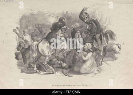 Un combat avec les ouvriers dans le Prater (sur 23. August 1848), Eduard Weixelgärtner (Weixlgärtner) (1816-1873), lithographe, Johann Höfelich (1796-1849), imprimeur, 1848, papier, lithographie à la craie, hauteur 29,4 cm, largeur 44,6 cm, ouvriers, militaire, Prater, révolutions de 1848, 1849, 2 : Leopoldstadt, le soldat ; la vie du soldat, à cheval, âne ou mulet ; cavalier, Horse woman, femme, mère et bébé ou petit enfant, la collection Vienna Banque D'Images