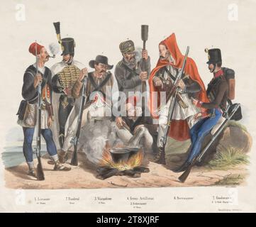 Troupes croates (en octobre 1848), Girolamo Franceschini (1820-1859), lithographe, Johann Höfelich (1796-1849), imprimeur, Josef Bermann (1810-1886), éditeur, 1848, papier, couleur, lithographie à la craie, hauteur 29,6 cm, largeur 34,5 cm, militaire, révolutions de 1848, 1849, beaux-arts, uniformes (militaires), le soldat ; la vie du soldat, la collection Vienne Banque D'Images