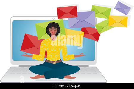 Femme, fille en position de yoga devant l'écran d'ordinateur portable, où beaucoup d'emails entrent. Isolé. Illustration vectorielle. Illustration de Vecteur