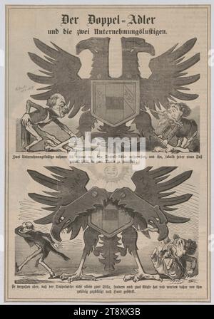 Bismarck et Napoléon III tentent de déchirer le double aigle ; le double - aigle et les deux entreprenants (caricature de 'Kikeriki'), Carl von Stur (1840-1905), caricaturiste, 1866, papier, gravure sur bois, hauteur 32,7 cm, largeur 22,5 cm, caricature, satire, politique, médias et communication, domaine Constantin von Wurzbach, homme, homme politique, armoiries (comme symbole de l'État, etc ), hebdomadaire, mensuel, magazine, etc., Otto von Bismarck, la collection de Vienne Banque D'Images