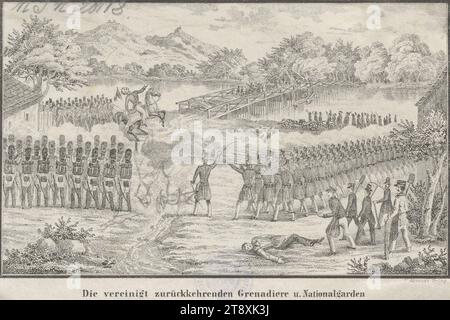 Les Grenadiere U. gardes nationaux de retour unis, sont attaqués non loin du Praterstern par le régiment Nassau, (...)' Le 6 octobre 1848 (major général Hugo von Bredy est abattu de cheval.), C. Hennig, éditeur, date après 1848, papier, lithographie, hauteur 10,6 cm, largeur 15,1 cm, militaire, révolutions de 1848, 1849, 2 : Leopoldstadt, bataille, bataille en général, le soldat; la vie du soldat, commandant en chef, général, maréchal, collection de Vienne Banque D'Images