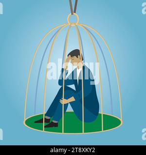 Homme triste et solitaire piégé dans une cage à oiseaux. Composition carrée. Illustration de Vecteur