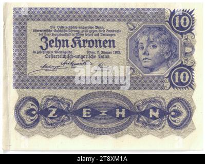 Billet de banque, 10 couronnes, Rudolf Rössler (1864-1934), artiste, Rudolf Junk (1880-1943), artiste, Austro-Hongrois Bank of Austrian Management, Mint Authority, 02.01.1922, papier, imprimé, largeur 94 mm, hauteur 68 mm, monnaie, Vienne, zone de monnaie, Autriche, 1e République (1918-1933), première République, Finances, billet de banque, l'argent, la collection Vienne Banque D'Images