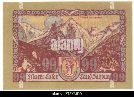 Voucher, 99 Heller, Market Town Lofer (Salzbourg), MINT Authority, Wagner, Innsbruck, imprimerie, date avant 31.3,1921, papier, impression, hauteur×largeur 65×96 mm, menthe, Innsbruck, zone MINT, Autriche, 1e République (1918-1933), finance, jeton, pièce privée, montagnes, Madone sur le croissant de lune (aussi appelée Reine du ciel) (en mandorla), la collection de Vienne Banque D'Images