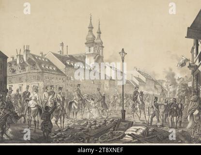 LA BANLIEUE LANDSTRASSE À VIENNE LE 28 OCTOBRE. 1848. » (Entrée de Joseph Comte Jelačić sur la Landstrasse avec le colonel Comte Sermage, Rittmeister Joseph Cerini, le capitaine Kottas, le major Anton Jelačić, le major général Karl Ritter von Zeisberg, le major von Habermann, le lieutenant-colonel Comte Hombesch, le colonel de l'état-major général Denkstein et le capitaine Albert Jelačić), Franz Xaver Zalder (né en 1815), lithographe, Johann Rauh (1803-1863), imprimeur, 1848, papier, lithographie à la craie, hauteur 38,5 cm, largeur 50,3 cm, Beaux-Arts, révolutions de 1848, 1849, militaire, 3 : Landstrasse, le Soldat; la vie du soldat Banque D'Images