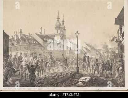 LA BANLIEUE LANDSTRASSE À VIENNE LE 28 OCTOBRE. 1848. » (Entrée de Joseph Comte Jelačić sur la Landstrasse avec le colonel Comte Sermage, Rittmeister Joseph Cerini, le capitaine Kottas, le major Anton Jelačić, le major général Karl Ritter von Zeisberg, le major von Habermann, le lieutenant-colonel Comte Hombesch, le colonel de l'état-major général Denkstein et le capitaine Albert Jelačić), Franz Xaver Zalder (né en 1815), lithographe, Johann Rauh (1803-1863), imprimeur, 1848, papier, lithographie à la craie, hauteur 41,6 cm, largeur 54,6 cm, Beaux-Arts, révolutions de 1848, 1849, militaire, 3 : route de campagne, le soldat; la vie du soldat Banque D'Images