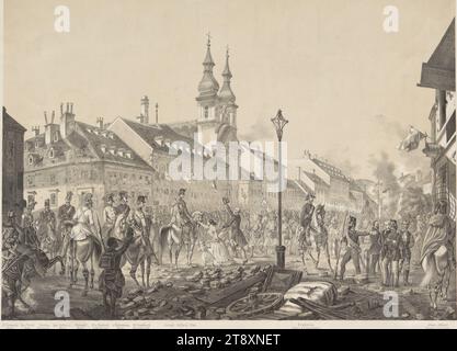 LA BANLIEUE LANDSTRASSE À VIENNE LE 28 OCTOBRE. 1848. » (Entrée de Joseph Comte Jelačić sur le Landstraßer Hauptstraße avec le colonel Comte Sermage, Rittmeister Joseph Cerini, le capitaine Kottas, le major Anton Jelačić, le major général Karl Ritter von Zeisberg, le major von Habermann, le lieutenant-colonel Comte Hombesch, le colonel de l'état-major général Denkstein et le capitaine Albert Jelačić), Franz Xaver Zalder (né en 1815), lithographe, Johann Rauh (1803-1863), imprimeur, 1848, papier, lithographie à la craie, hauteur 39,6 cm, largeur 51,7 cm, Beaux-Arts, révolutions de 1848, 1849, militaire, 3 : Landstrasse Banque D'Images