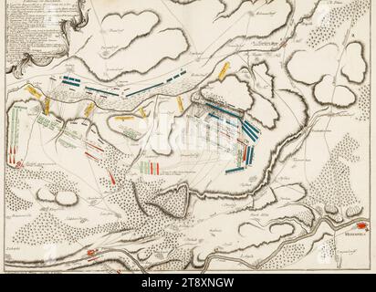 Plan de la bataille de Rossbach le 5 novembre 1757, Inconnu, 1757, papier, coloré, gravure sur cuivre, hauteur 49 cm, largeur 63,7 cm, taille de la plaque 47.8×57 cm, guerre et guerre, militaire, plan de bataille, bataille, combat en général, formation de combat, collection de Vienne Banque D'Images