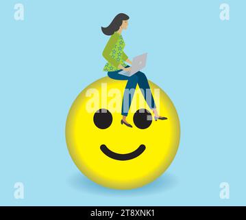 Femme, fille avec ordinateur portable sur grand smiley. Isolé. Illustration vectorielle. Illustration de Vecteur