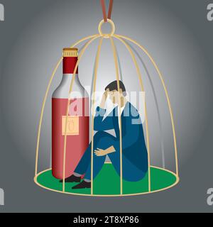 Homme triste piégé dans une cage à oiseaux avec une bouteille de vin rouge. Composition carrée. Illustration vectorielle. Illustration de Vecteur