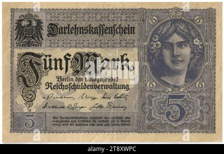 Lettre de prêt, 5 Mark, Reichsschuldenverwaltung (1820-1955), autorité de la monnaie, 01.08.1917, papier, impression, hauteur 80 mm, largeur 125 mm, menthe, Berlin, territoire de la monnaie, Deutsches Kaiserreich (1871-1918), Guerre mondiale 1, Finances, armoiries (comme symbole de l'état, etc.), femme, billet de banque, argent, la collection Vienne Banque D'Images