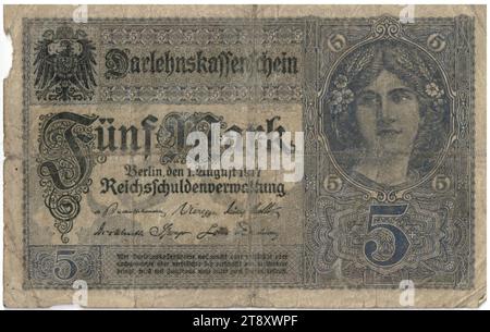 Lettre de prêt, 5 Mark, Reichsschuldenverwaltung (1820-1955), autorité de la monnaie, 01.08.1917, papier, impression, hauteur 80 mm, largeur 125 mm, menthe, Berlin, territoire de la monnaie, Deutsches Kaiserreich (1871-1918), Guerre mondiale 1, Finances, armoiries (comme symbole de l'état, etc.), femme, billet de banque, argent, la collection Vienne Banque D'Images