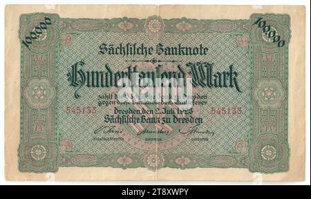 Saxon Bankbillet, 100 000 marks, Sächsische Bank zu Dresden, Mint Authority, 02.07.1923, papier, impression, hauteur 100 mm, largeur 170 mm, monnaie, Dresde, territoire de la monnaie, République de Weimar (1918-1933), Finances, jeton commercial, monnaie privée, la collection de Vienne Banque D'Images