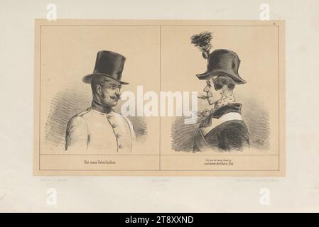 Chapeau de transfuge. - Un chapeau d'artillerie conquis dans la caserne vide." (N° 13 de la série 'Chronologie, der, Kopfbedeckungen, in dem denkwürdigsten aller Jahre:, 1848., von, A. Zampis'), Anton Zampis (1820-1883), lithographe, Johann Höfelich (1796-1849), Imprimeur, Leopold Theodor Neumann (1804-1876), éditeur, 1848, papier, lithographie à la craie, hauteur 31, 9 cm, largeur 48, 7 cm, Beaux-Arts, révolutions de 1848, 1849, casque, la collection Vienne Banque D'Images