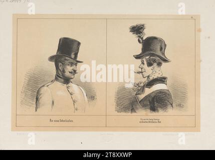 Chapeau de transfuge. - Un chapeau d'artillerie conquis dans la caserne vide." (N° 13 de la série 'Chronologie, der, Kopfbedeckungen, in dem denkwürdigsten aller Jahre:, 1848., von, A. Zampis'), Anton Zampis (1820-1883), lithographe, Johann Höfelich (1796-1849), Imprimeur, Leopold Theodor Neumann (1804-1876), éditeur, 1848, papier, lithographie à la craie, hauteur 30, 3 cm, largeur 43, 9 cm, Beaux-Arts, révolutions de 1848, 1849, casque, la collection Vienne Banque D'Images