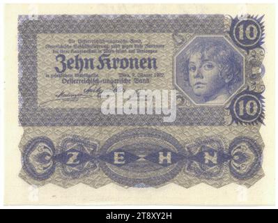 Billet de banque, 10 couronnes, Rudolf Rössler (1864-1934), artiste, Rudolf Junk (1880-1943), artiste, Österreichisch-ungarische Bank Österreichischer Geschäftsführung, Mint Authority, 02.01.1922, papier, imprimerie, largeur 94 mm, hauteur 70 mm, monnaie, Vienne, territoire de la monnaie, Autriche, 1e République (1918-1933), la première République, Finances, billet de banque, l'argent, la collection Vienne Banque D'Images