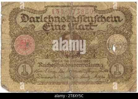 Lettre de prêt, 1 Mark, Reichsschuldenverwaltung (1820-1955), autorité de la monnaie, 01.03.1920, papier, impression, hauteur 60 mm, largeur 89 mm, menthe, Berlin, territoire de la monnaie, République de Weimar (1918-1933), Finances, armoiries (symbole de l'État, etc.), billet de banque, argent, collection de Vienne Banque D'Images