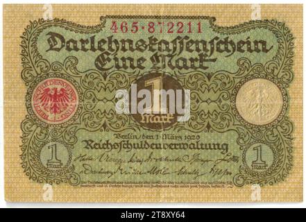 Lettre de prêt, 1 Mark, Reichsschuldenverwaltung (1820-1955), autorité de la monnaie, 01.03.1920, papier, impression, hauteur×largeur 61×91 mm, monnaie, Berlin, territoire de la monnaie, République de Weimar (1918-1933), Finances, armoiries (symbole de l'État, etc.), billet de banque, argent, collection de Vienne Banque D'Images