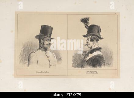 Chapeau de transfuge. - Un chapeau d'artillerie conquis dans la caserne vide." (N° 13 de la série 'Chronologie, der, Kopfbedeckungen, in dem denkwürdigsten aller Jahre:, 1848., von, A. Zampis'), Anton Zampis (1820-1883), lithographe, Johann Höfelich (1796-1849), Imprimeur, Leopold Theodor Neumann (1804-1876), éditeur, 1848, papier, lithographie à la craie, hauteur 33, 1 cm, largeur 48, 8 cm, Beaux-Arts, révolutions de 1848, 1849, casque, la collection Vienne Banque D'Images