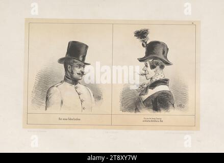 Chapeau de transfuge. - Un chapeau d'artillerie conquis dans la caserne vide." (N° 13 de la série 'Chronologie, der, Kopfbedeckungen, in dem denkwürdigsten aller Jahre:, 1848., von, A. Zampis'), 1848, Anton Zampis (1820-1883), lithographe, Johann Höfelich (1796-1849), Imprimeur, Leopold Theodor Neumann (1804-1876), éditeur, 1848, papier, lithographie à la craie, hauteur 33 cm, largeur 48, 8 cm, Beaux-Arts, révolutions de 1848, 1849, Head-Gear, The Vienna Collection Banque D'Images