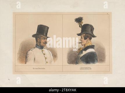 Chapeau de transfuge. - Un de casernes vides, chapeau d'artillerie conquis." (N° 13 de la série 'Chronologie, der, Kopfbedeckungen, in dem denkwürdigsten aller Jahre:, 1848., von, A. Zampis'), Anton Zampis (1820-1883), lithographe, Johann Höfelich (1796-1849), Imprimeur, Leopold Theodor Neumann (1804-1876), éditeur, 1848, papier, colorisé, lithographie à la craie, hauteur 33 cm, largeur 48, 6 cm, Beaux-Arts, révolutions de 1848, 1849, casque, la collection Vienne Banque D'Images