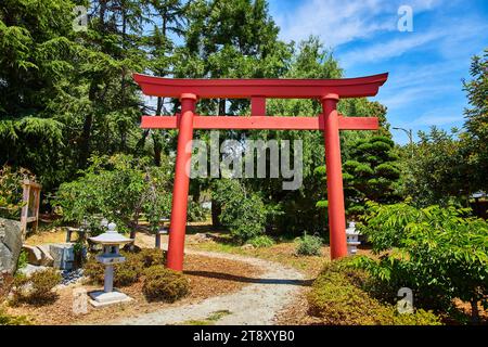 Porte rouge géant Torii dans le jardin japonais avec des lanternes en pierre bordant le chemin le jour ensoleillé Banque D'Images