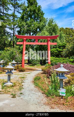 Porte rouge Torii dans le jardin japonais avec des lanternes en pierre bordant le chemin le jour ensoleillé Banque D'Images