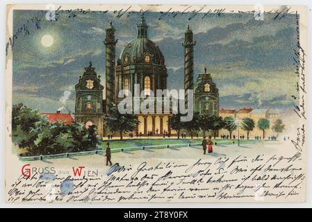 4e, Karlsplatz - Karlskirche, la nuit, carte postale, discutable:, 1900, carton enduit, carton enduit, lithographie de couleur, lithographie de couleur, Karlsplatz, attractions, médias et communication, Baroque, 4e arrondissement : Wieden, église (extérieur), nuit, Karlskirche, Karlsplatz, The Vienna Collection Banque D'Images