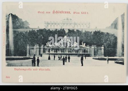 13e, Parc du Palais de Schönbrunn - Fontaine de Neptune et Gloriette, carte postale, Carl (Karl) Ledermann jun., Producteur, 1900, paperboard, Collotype, attractions, Habsbourg, Parc, loisirs et loisirs, 13e arrondissement : Hietzing, jardins publics, parc, fontaine ornementale, sculpture, avec des gens, palais de Schönbrunn, Gloriette, collection de Vienne Banque D'Images