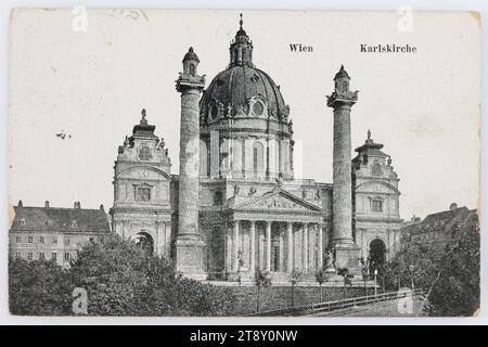 4e, Karlsplatz - Karlskirche, carte postale, Wilhelm Goldschläger, Producteur, date vers 1910, carton couché, impression demi-teinte, Inscription, DE, St en Basse-Autriche, TO, Kalksburg, ADRESSE, Herr, détenu à Kalksburg BEI Wien, Nied. MESSAGE, cher Wolfgang, Merci beaucoup pour votre aimable carte. Et je n'ai pas demandé la photo, bien que j'en aurais eu l'occasion. Mais il va bien, il est toujours à la maison, Salutations à vous, comme Bernhard, votre cousin Robert, Karlsplatz, attractions, médias et communication, Baroque, cartes postales avec translittération, 4e arrondissement : Wieden Banque D'Images