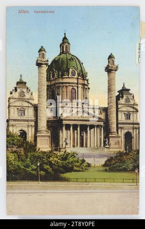 4e, Karlsplatz - Karlskirche, carte postale, Postkartenverlag Deutsch, Producteur, Photocrom. C. L. I. (Carl lampe Innsbruck), Producteur, 1910, carton couché, photochrome, inscription, DE, Wien, À, Krumbach, ADRESSE, Hochgeboren, Frau, Gutsbesitzers-Gattin, Krumbach a. d. Aspangb., Villa Lindenhof, MESSAGE, Sehr geehrte gnädige Frau!, Bitte meine herzlichsten und sartigsten Glück und Segenswünsche zum werten Namensfeste annehmen! Je suis à la gare et je vais aller à Hainburg pour quelques jours. Beaucoup de baisers et salutations affectueuses à tous les dévoués [name] Banque D'Images