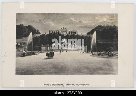 13e, Parc du Palais de Schönbrunn - Fontaine de Neptune et Gloriette, carte postale, Inconnu, 1908, paperboard, héliochrome print, Inscription, DE, Vienne, À, Krumbach, ADRESSE, Sr. Hb. H. [nom] Krumbach, MESSAGE, Salutations de, quand venez-vous à Vienne? Beaucoup de salutations à ton frère. Baiser sincère sur la main à votre maman [?]atteint, attractions, Habsbourg, parc, loisirs et loisirs, médias et communication, cartes postales avec translittération, 13e arrondissement : Hietzing, jardins publics, parc, Fontaine ornementale, sculpture, avec des gens, palais de Schönbrunn, écriture manuscrite Banque D'Images