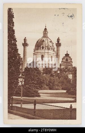 4e, Karlsplatz - Karlskirche, vue à travers Resselpark, carte postale, Kilophot (K. L.) (1905-1930), Producteur, 1924, carton, héliogravure, inscription, DE, Wien, À, Krumbach, ADRESSE, Krumbach, Aspangbahn, Nied.österr., MESSAGE, Wien, 19, 9. 1924, avec les meilleurs remerciements pour la chère carte, qui m'a plu de tout cœur, je relie le souhait d'une prochaine réunion. Dans l'ancienne dévotion consacrée D Hoenig, Karlsplatz, attractions, Parc, médias et communication, baroque, cartes postales avec translittération, 4e arrondissement : Wieden, église (extérieur), jardins publics, park, Karlskirche, écriture manuscrite Banque D'Images