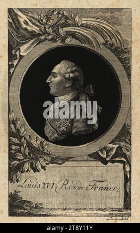 Louis XVI (1744-1793, à partir de 1774 roi de France), Johann Hieronymus Löschenkohl (1753-1807), maison d'édition, date vers 1790, papier, gravure sur cuivre, taille de plaque 16, 9×9, 8 cm, taille de feuille 19, 7×14 cm, inscription, mi. u. : Louis XVI roi de France ; r. U. : Löschenkohl, aristocratie, Beaux-Arts, portrait, homme, souverain, la collection de Vienne Banque D'Images