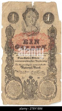 Instruction (contrefaçon), 1 florin, Privilegierte Österreichische National-Bank, MINT Authority, Date après le 01.01.1858, papier, impression, largeur 72 mm, hauteur 124 mm, menthe, Vienne, territoire de la monnaie, Autriche, Empire (1804-1867), Finances, contrefaçon, faux, femme, armoiries (symbole de l'État, etc.), billet de banque, argent, collection de Vienne Banque D'Images