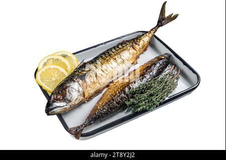 Poisson maquereau rôti Scomber dans un plat allant au four. Isolé, fond blanc Banque D'Images