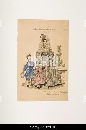 Photo de mode : trois figurines, mode pour femmes, filles et garçons, Inconnu, 1836, papier, colorisé, gravure sur cuivre, taille de plaque 21, 7×14 cm, mode, bourgeoisie, assiettes mode, articles de tête, mode, vêtements (+ vêtements pour garçons), mode, vêtements (+ vêtements pour filles), vêtements pour filles, femme, enfant, robe, robe, la collection Vienne Banque D'Images