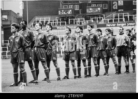 Toute l'équipe galloise s'aligne pour les hymnes. Coupe du monde de la FIFA 1994 qualification Groupe 4 – pays de Galles contre RCS (Tchécoslovaquie alias représentation des Tchèques et des Slovaques) au Cardiff Arms Park, pays de Galles, Royaume-Uni, le 8 septembre 1993. Une victoire pour le pays de Galles dans ce match garantirait presque la qualification avec 2 matchs de groupe restants. Ils ont mené 2-1 mais ont concédé un but de coup franc tardif de Peter Dubovský et le match s'est terminé 2-2. Photo : Rob Watkins Banque D'Images