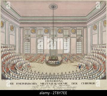 L'inauguration de l'Académie militaire Joséphine pour chirurgiens à Vienne le 7 novembre 1785, Johann Hieronymus Löschenkohl (1753-1807), éditeur, 1786, papier, coloré, gravure sur cuivre, taille de feuille 43.6×52,6 cm, soins de santé, éducation et formation, universités, militaires, beaux-arts, 9. Quartier : Alsergrund, architecture civique ; bâtiments ; appartements - AA - architecture civique : intérieur, inauguration, cérémonie d'inauguration, inauguration, dévoilement, a l'intérieur  représentation d'un bâtiment, la collection Vienne Banque D'Images