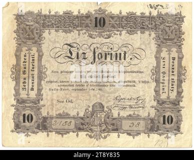 Pénzjegy (billet de banque), 10 forint, Ministère hongrois des finances, Autorité de frappe, 01.09.1848, papier, imprimé, hauteur×largeur 111×143 mm, menthe, Budapest, zone de frappe, Hongrie, Royaume (Empire autrichien, révolte de 1848, 1849), finance, armoiries (symbole de l'État, etc.), billet de banque, argent, collection de Vienne Banque D'Images